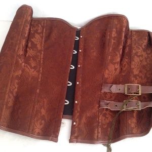 Large Steampunk Corset Brown Brocade with Faux Leather and Chain Accents